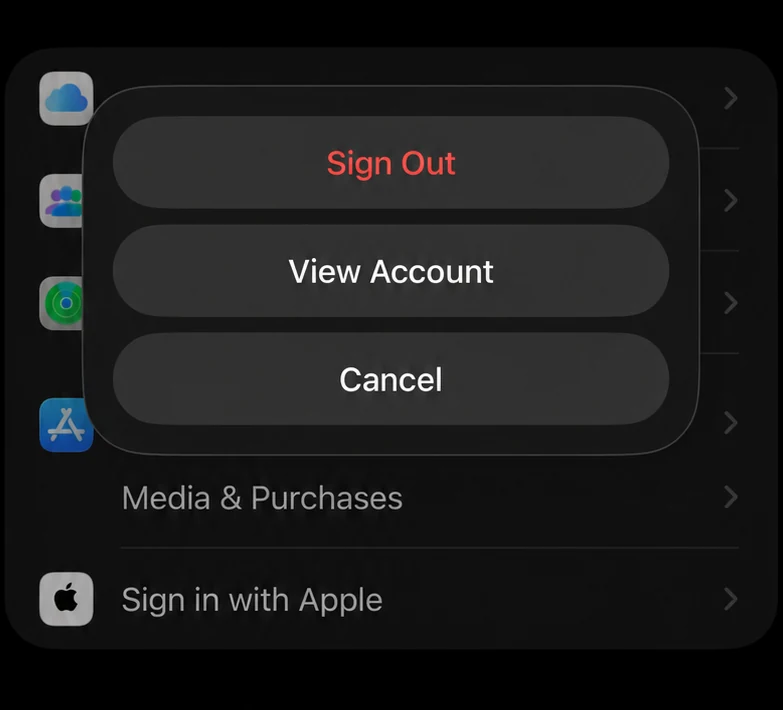 The iOS 26 Media and Purchases menu with Sign Out highlighted in red