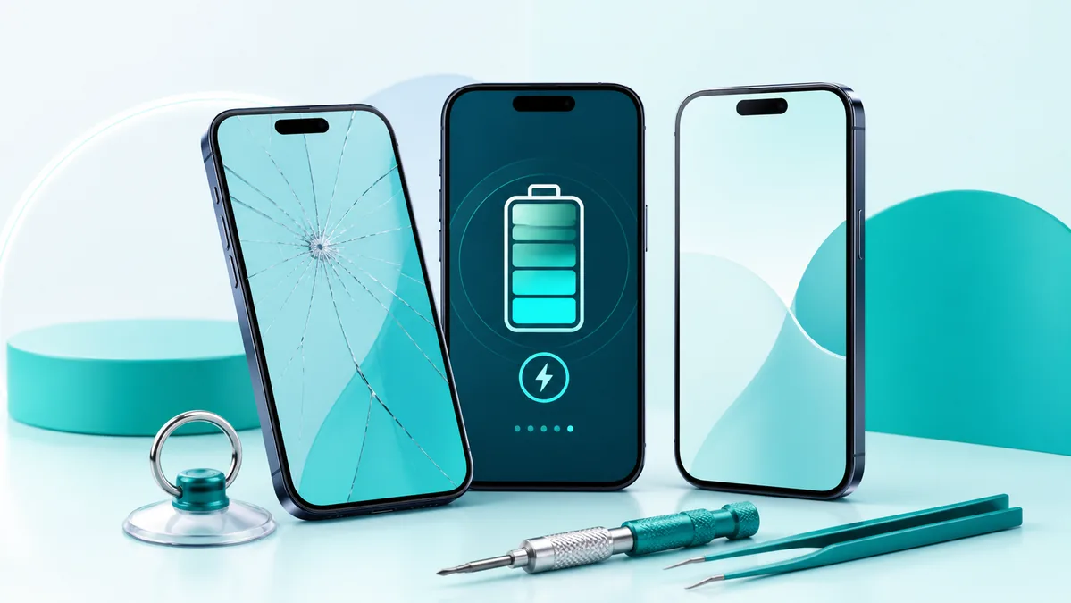 Phone repair workbench with cracked screen battery charging and tools